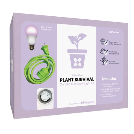 Miracle Led 1-Socket Plant Survival Grow Light Kit- Red & Blue Spec. 14W Replace 150W Grow Bulbs, 2PK 801977